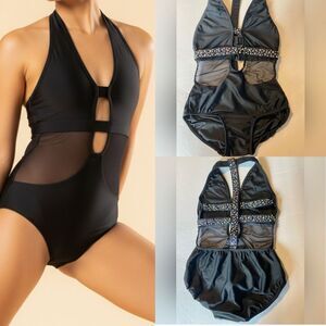 AA dance design costume solo custom black onyx cutout rhinestone mature adult XS